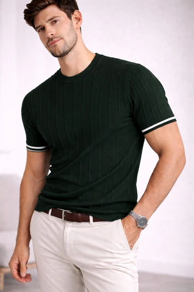 Erkek Slim Fit Triko T-Shirt | Fitilli Doku | Şerit Detaylı Kısa Kol ürün görseli 1