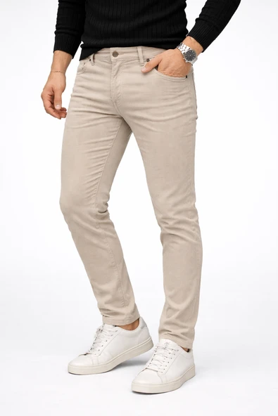 Erkek Bej Likralı Slim Fit Pantolon Rahat Esnek  Tasarım ürün görseli 1