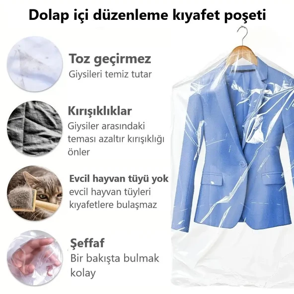 Gardırop İçi Askılık yuvalı 55x75cm Kuru temizleme - Dolap içi ŞEFFAF saklama NaYLoNu (10adet) ürün görseli 1