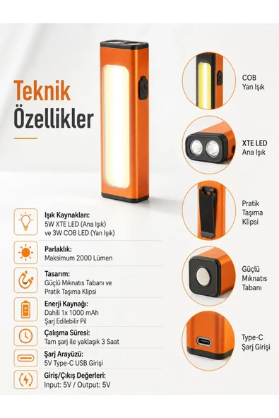 Mini Mıknatıslı USB Şarjlı Çok Fonksiyonlu El Feneri 2000 Lümen 5W XTE LED 3W COB LED Klipsli Tamir Kamp Lambası ürün görseli 1