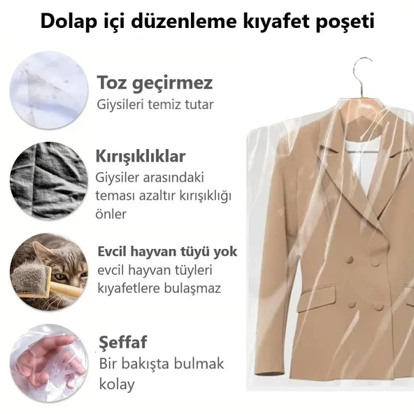 Gardırop İçi Askılık yuvalı 50x70cm Kuru temizleme - Dolap içi ŞEFFAF saklama NaYLoNu (10adet) ürün görseli 1