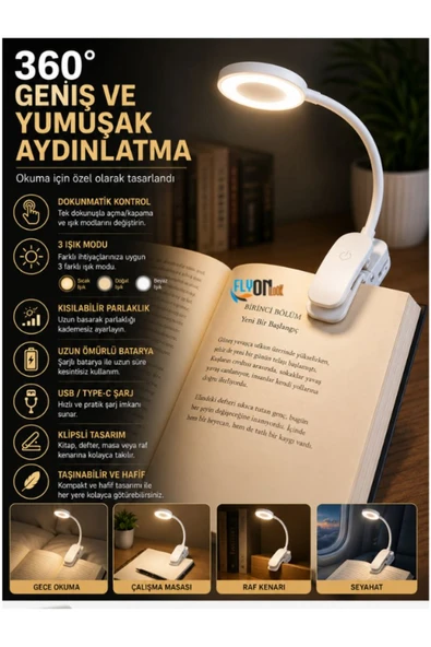 360° Klipsli LED Kitap Arası Okuma Lambası Şarjlı Dokunmatik 3 Işık Modlu Masa ve Seyahat Gece Lambası ürün görseli 1