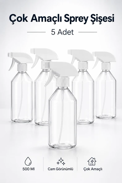 (5 Adet) Şeffaf Cam Görünümlü 500 ml 20 cm Çok Amaçlı Sprey Şişesi Kuaför Bitki Temizlik Püskürtme ürün görseli 1