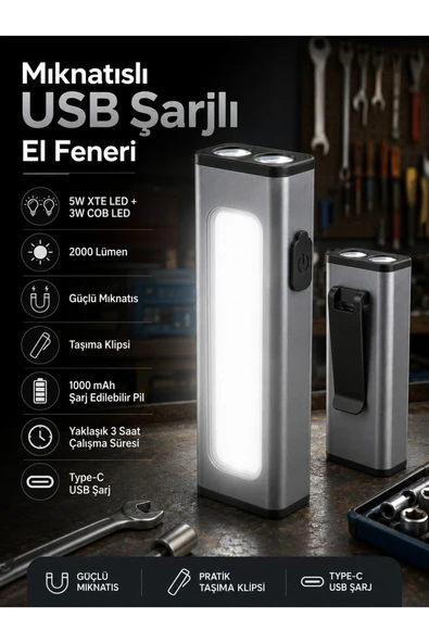 Mini Mıknatıslı USB Şarjlı Çok Fonksiyonlu El Feneri 2000 Lümen 5W XTE LED 3W COB LED Klipsli Tamir Kamp Lambası ürün görseli 1