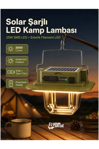 Solar Şarjlı Mıknatıslı LED Kamp Lambası 2000 Lümen 25W SMD LED USB Şarjlı Powerbank Özellikli Askılı Kamp Feneri Güneş Enerjili ürün görseli 1