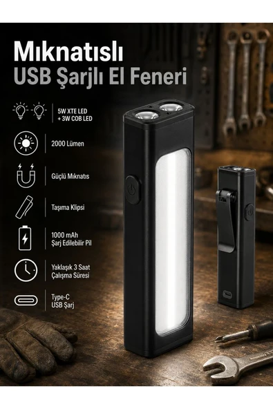 Mini Mıknatıslı USB Şarjlı Çok Fonksiyonlu El Feneri 2000 Lümen 5W XTE LED 3W COB LED Klipsli Tamir Kamp Lambası ürün görseli 1