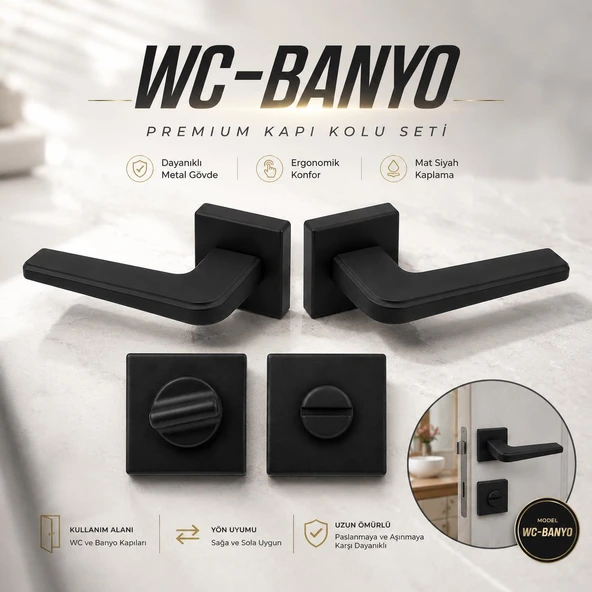 Wc Banyo PVC Kapı Kolu 1 Takım Kare Rozetli Mat Siyah Şık Modern İçten Kilitli Kapı Kolları ürün görseli 1