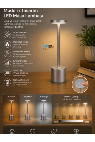 Şarjlı LED Masa Lambası Dokunmatik Dimmerli 3 Renk Modlu Type-C Şarjlı Metal Gövdeli Dekoratif Gece Lambası ürün görseli 1