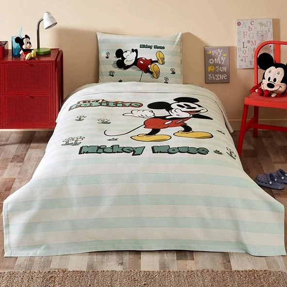 Özdilek Mickey Mouse Positive Tek Kişilik Disney Lisanslı Lastikli Çarşaf Çocuk Pike Takımı ürün görseli 1