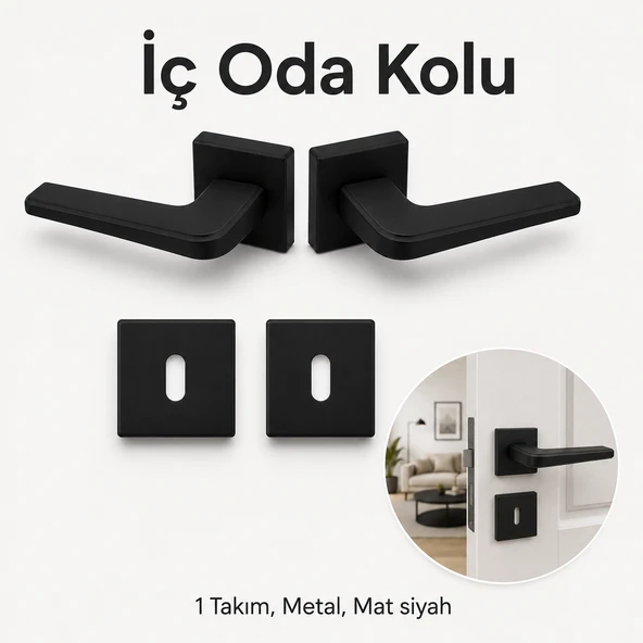 Mat Siyah İç Oda Kapı Kolu 1 Takım Kare Rozetli Şık Modern Ahşap Pvc İç Oda Kapı Kolları ürün görseli 1