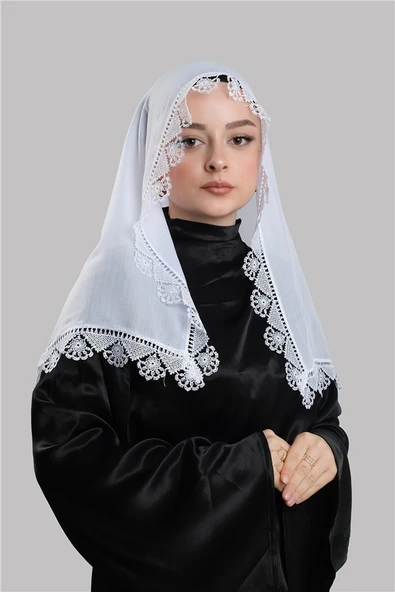Beyaz Namaz Başörtüsü Eşarp Kesik Elyaf Güpürlü 202211_42 ürün görseli 1