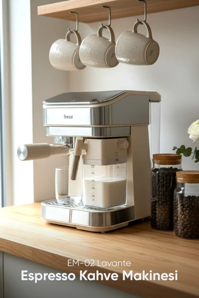 Fressi Espresso Latte Cappuccino Kahve Makinesi Otomatik Süt Tanklı 20bar Basınçlı Lavante Krem (4506) ürün görseli 1