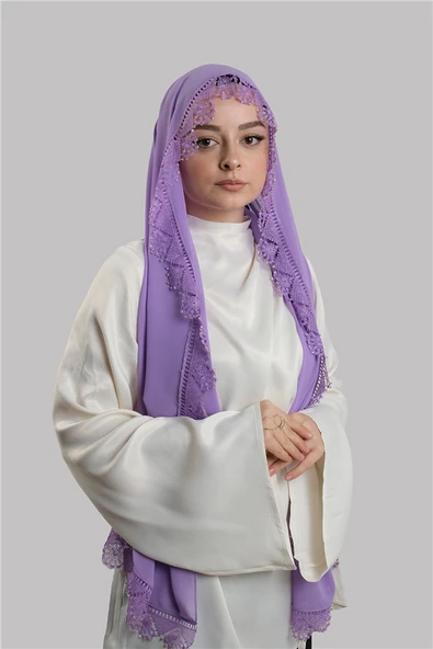 Mor Nikah Namaz Başörtüsü Şal Şifon Boncuklu Güpürlü 202131_22 ürün görseli 1