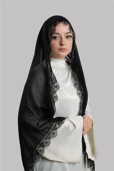 Siyah Nikah Namaz Başörtüsü Şal Şifon Boncuklu Güpürlü 202131_01 ürün görseli 1