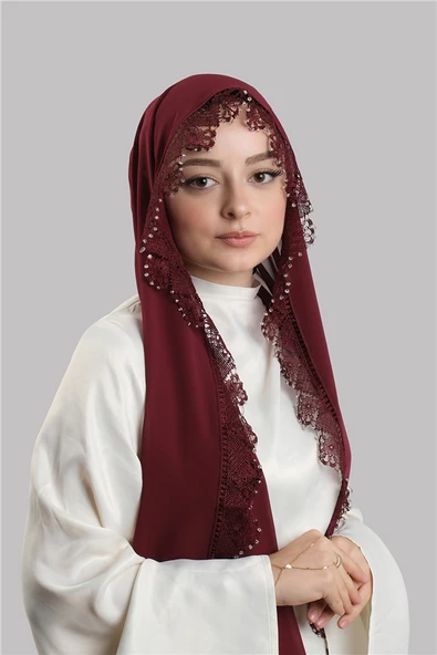 Bordo Nikah Namaz Başörtüsü Şal Şifon Boncuklu Güpürlü 202131_16 ürün görseli 1