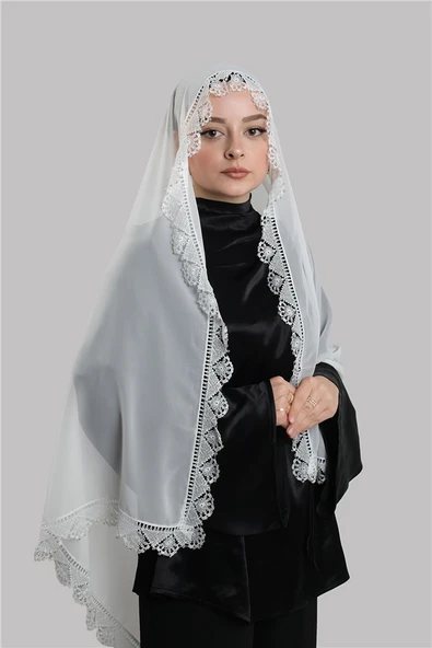 Krem Nikah Namaz Başörtüsü Şal Şifon Boncuklu Güpürlü 202131_40 ürün görseli 1