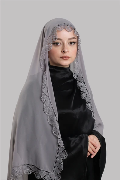 Gri Nikah Namaz Başörtüsü Şal Şifon Boncuklu Güpürlü 202131_15 ürün görseli 1