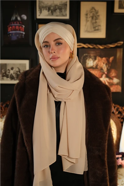 Bej Arkadan Bağlamalı AquaLina Şal Hafif Suya Dayanıklı Şifon Çapraz Üç Bantlı 2514_12 ürün görseli 1