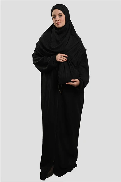 Siyah İki Parça Fermuarlı Namaz Elbisesi Dokuma Kendinden Desenli 2516_01 ürün görseli 1