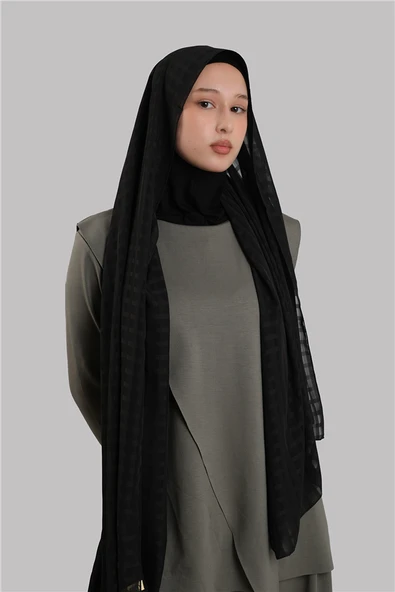 Siyah Pratik Hazır Geçmeli Şal Desenli Şifon Hijab Boneli 2415_01 ürün görseli 1