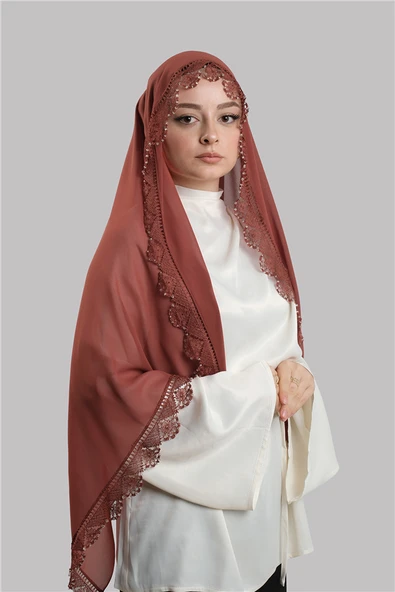 Kiremit Nikah Namaz Başörtüsü Şal Şifon Boncuklu Güpürlü 202131_05 ürün görseli 1