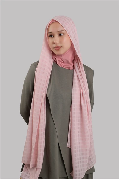 Pudra Pratik Hazır Geçmeli Şal Desenli Şifon Hijab Boneli 2415_06 ürün görseli 1