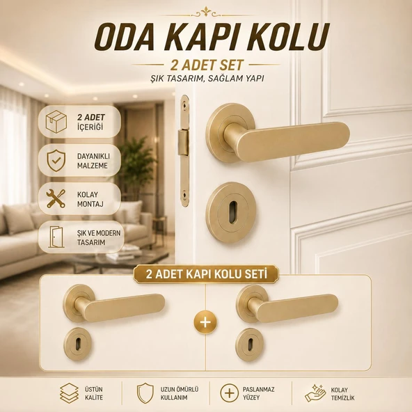 Rozetli Kapı Kolu Oda Kapıları (2 TAKIM SET) İçin Modern Tasarım Titanyum Renk Kapı Kolu ürün görseli 1