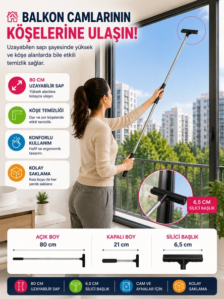 Teleskopik Cam ve Ayna Sileceği 80 cm Uzayabilir Saplı Duşakabin Balkon Cam Temizleyici Ev Tipi Evsel ürün görseli 1