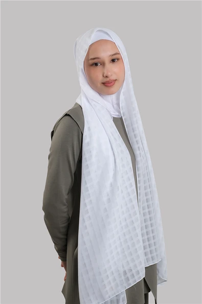 Beyaz Pratik Hazır Geçmeli Şal Desenli Şifon Hijab Boneli 2415_42 ürün görseli 1