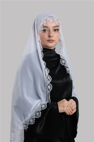 Beyaz Nikah Namaz Başörtüsü Şal Şifon Boncuklu Güpürlü 202131_42 ürün görseli 1