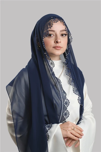 Lacivert Nikah Namaz Başörtüsü Şal Şifon Boncuklu Güpürlü 202131_02 ürün görseli 1