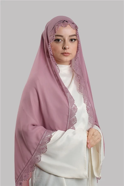 Gül Kurusu Nikah Namaz Başörtüsü Şal Şifon Boncuklu Güpürlü 202131_18 ürün görseli 1
