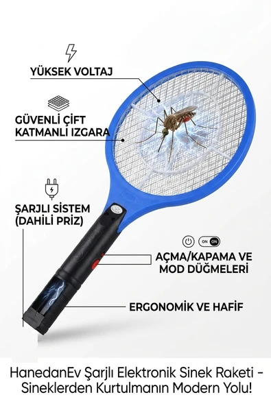 Şarjlı Sinek Raketi Elektronik Sivrisinek Ve Karasinek Öldürücü Raket Sinek Savar Şarj Edilebilir ürün görseli 1