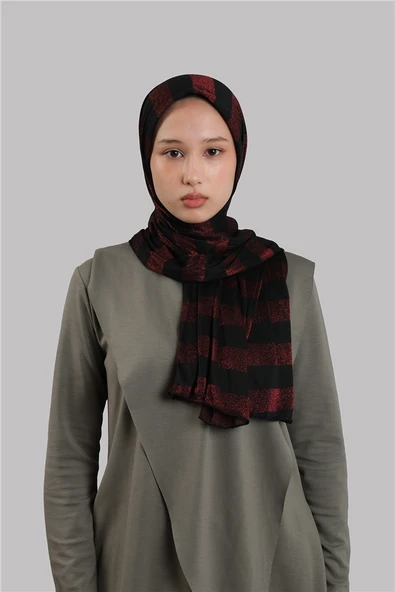 Bordo Pratik Hazır Geçmeli Şal Viskon Simli Şeritli Önü Süngerli 2413_16 ürün görseli 1
