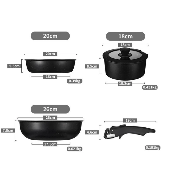 Shufa 5 Parça Easy Clip Çıkarılabilir Saplı Taşınabilir Tava ve Tencere Seti ürün görseli 1