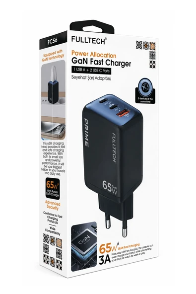 FC56 65W GaN Teknolojili 3 Portlu Hızlı Şarj Adaptörü (2 USB-C + 1 USB-A) ürün görseli 1