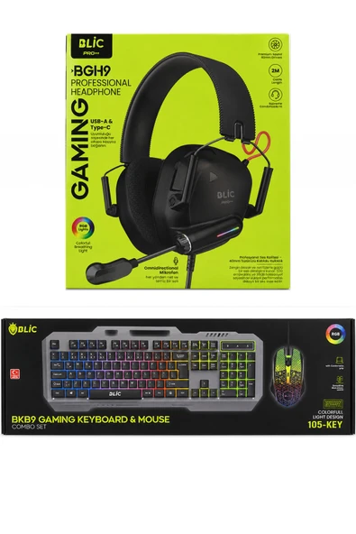 3'lü Oyuncu Seti BKB9 RGB Mekanik Hisli Klavye Mouse Combo Set & BGH9 Type-C USB Gaming Kulaklık ürün görseli 1