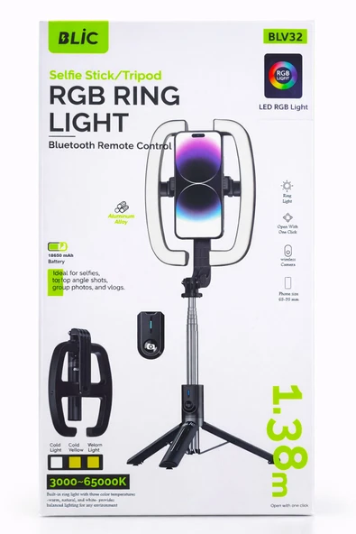 BLV32 1.38m RGB Ring Light LED Işıklı Selfie Çubuğu ve Tripod - Bluetooth Uzaktan Kumandalı ürün görseli 1