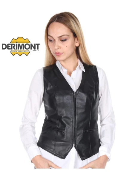Hakiki Deri Siyah Casual Fermuarlı Kadın Deri Yelek ürün görseli 1