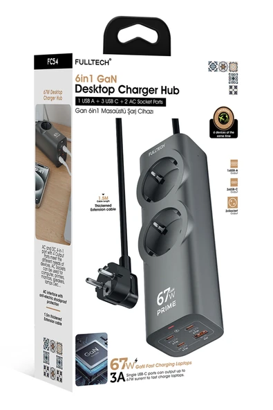 FC54 67W GaN Hızlı Şarj İstasyonu 2'li Akım Korumalı Masaüstü Priz Çoklayıcı (3x Type-C + USB) ürün görseli 1