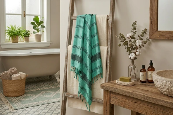LUDIA Otantik Püsküllü %100 Pamuklu Büyük Boy Yeşil Siyah Çizgili Peştemal Havlu 78x195 cm ürün görseli 1