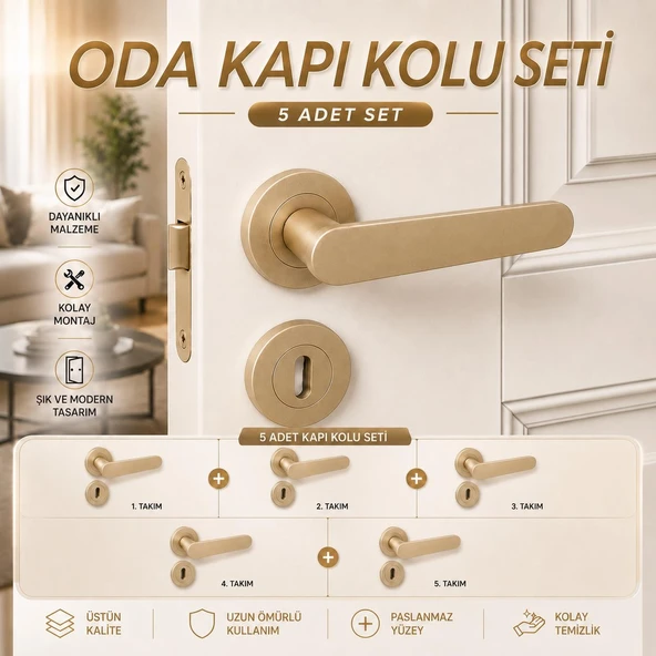 Rozetli Kapı Kolu (5 TAKIM SET) Oda Kapıları İçin Modern Tasarım Titanyum Renk Kapı Kolu ürün görseli 1