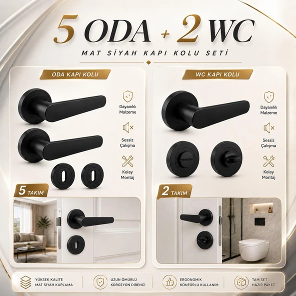 Mat Siyah Rozetli Kapı Kolu Seti (7 TAKIM)  5 ODA + 2 WC) Modern Şık Kapı Kolu Takımı Kolları ürün görseli 1