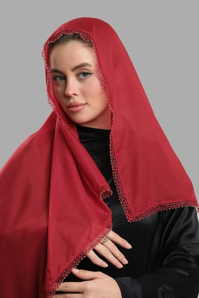 Kırmızı Nikah Namaz Başörtüsü Eşarp Kesik Elyaf Boncuklu Güpürlü 202213_31 ürün görseli 1