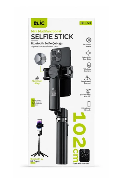 BLT-53 Bluetooth 5.2 Alüminyum Selfie Çubuğu ve Tripod - 102 cm Uzayabilir 360° Dönebilen Başlı ürün görseli 1