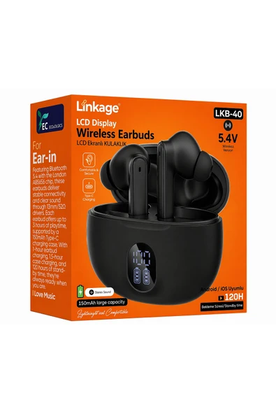 LKB-40 TWS Kablosuz Kulaklık, Bluetooth 5.4, Dijital Şarj Göstergeli, iOS ve Android Uyumlu Siyah ürün görseli 1