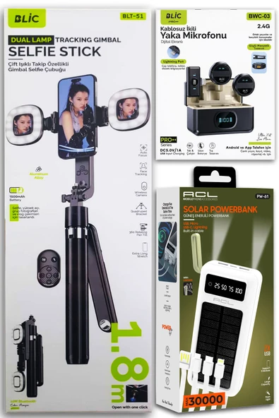 Yayıncı Seti: Blic BLT-51 Takip Özellikli 1.8m Gimbal Tripod + Blic BWC-03 Dijital Ekranlı Çiftli Kablosuz Yaka Mikrofonu Lightning port + ACL PW-61 30000mAh Solar Powerbank ürün görseli 1