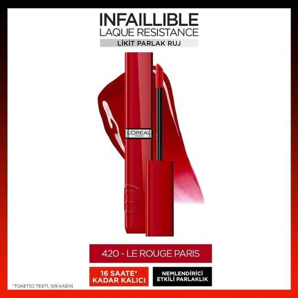 Loreal Paris Infaillible Laque Resistance Likit Parlak Ruj - 420 Rouge Paris ürün görseli 1