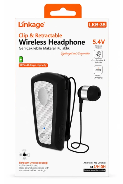 LKB-38 Makaralı Titreşimli Bluetooth 5.4 Kulaklık - Yaka Klipsli Geri Çekilebilir İş Kulaklığı ürün görseli 1