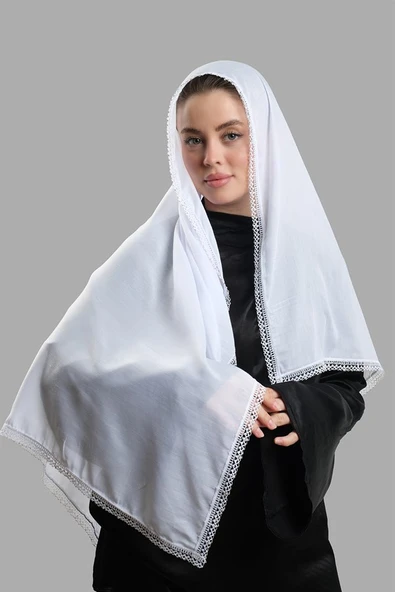 Beyaz Nikah Namaz Başörtüsü Eşarp Kesik Elyaf Boncuklu Güpürlü 202213_42 ürün görseli 1